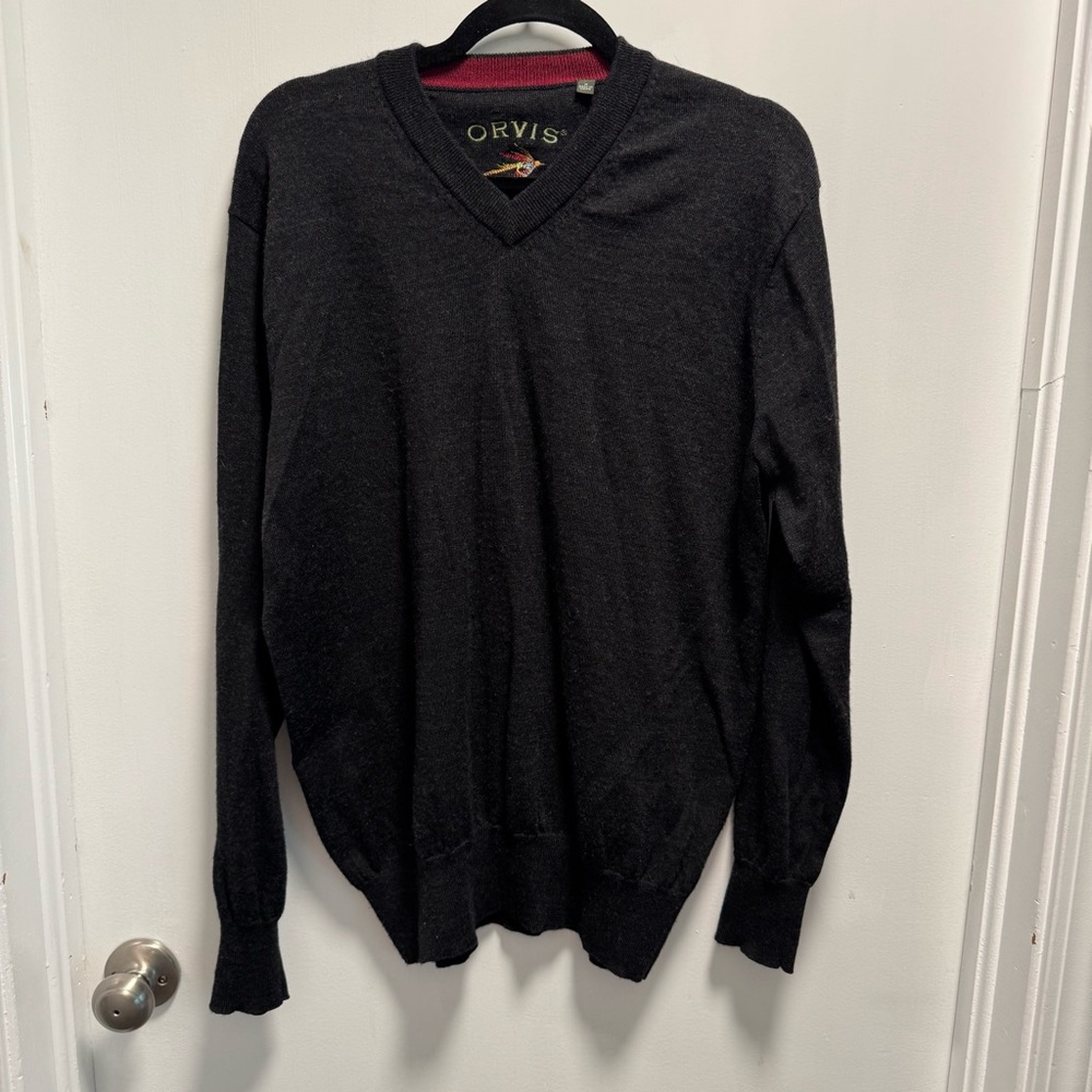 Orvis Men’s 100% Merino Wool Sweater Grey Long Sleeve Size Medium V-neck